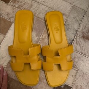 Hermes Mustard Leather Slide Sandals